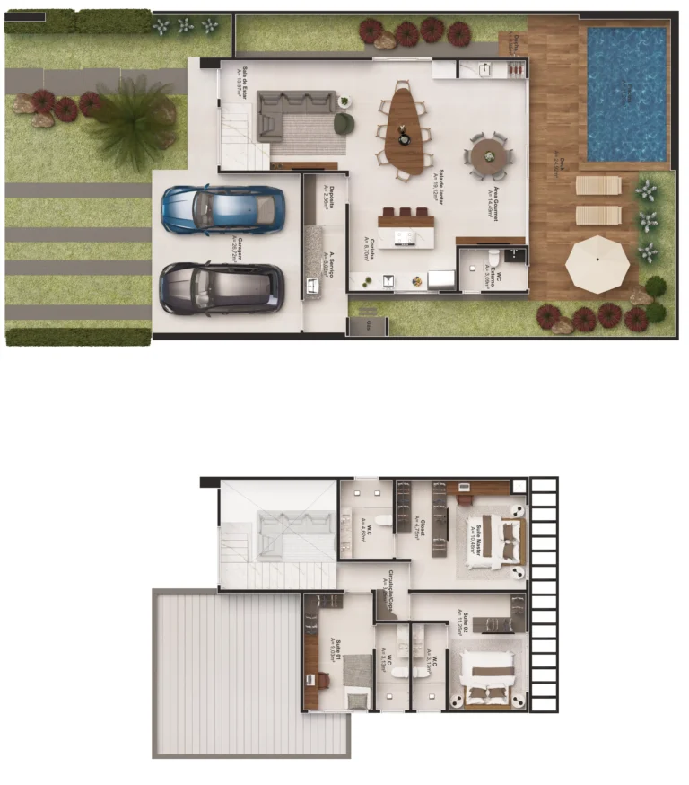 Planta baixa sobrado Lifa Aura com suíte master, varanda e piscina