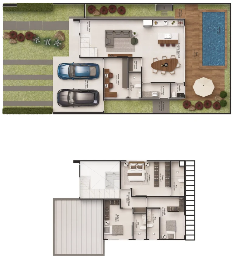 Planta baixa sobrado Lifa Aura com home office, varanda e área gourmet