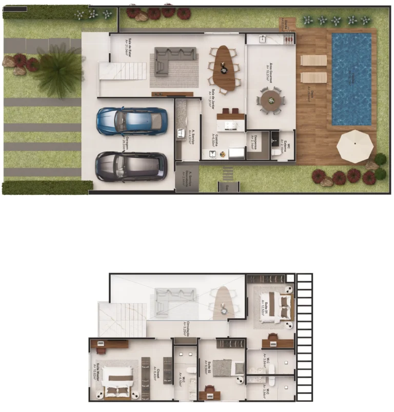 Planta sobrado Lifa Aura com suíte master, varanda e piscina com cascata