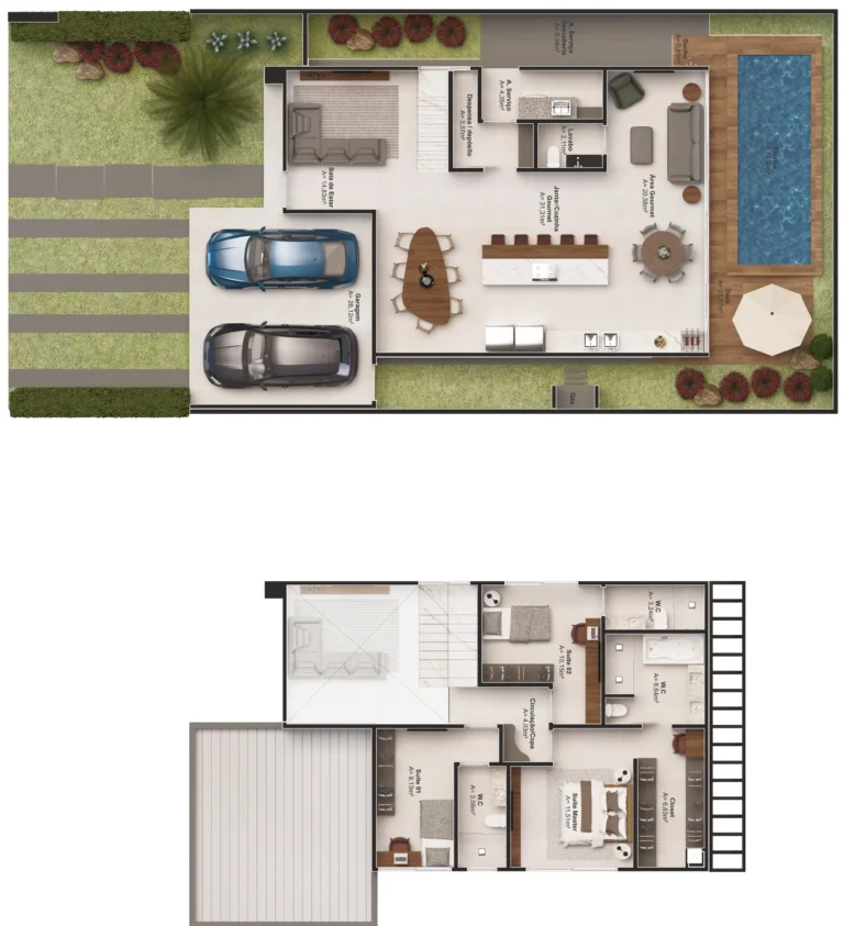 Planta sobrado Lifa Aura com 3 suítes, área gourmet e automação inteligente