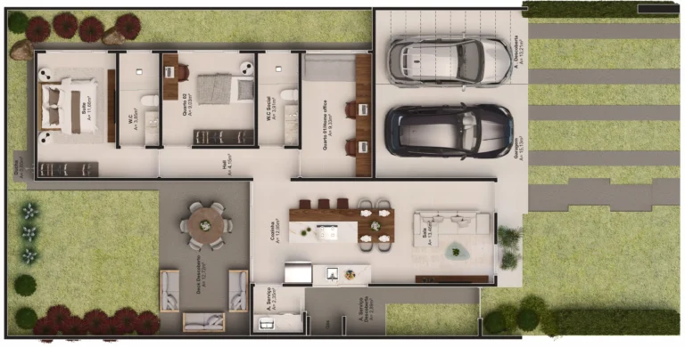 Planta baixa casa térrea Lifa Aura com 3 quartos e área gourmet