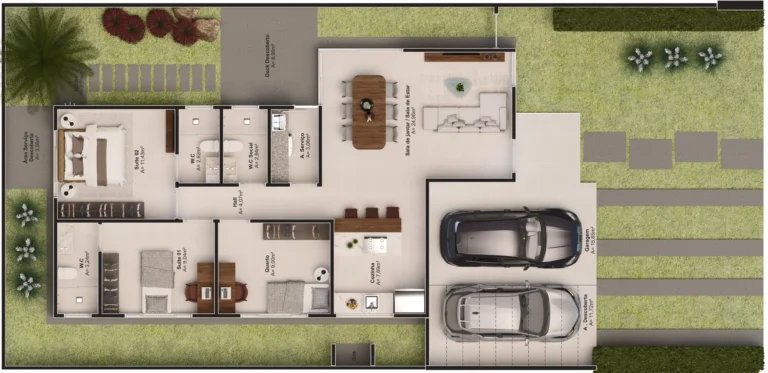 Planta casa térrea Lifa Aura com 2 suítes, 1 quarto social e área gourmet