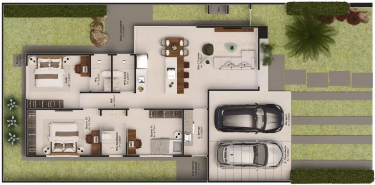 Planta casa térrea Lifa Aura com suíte e duas suítes americanas
