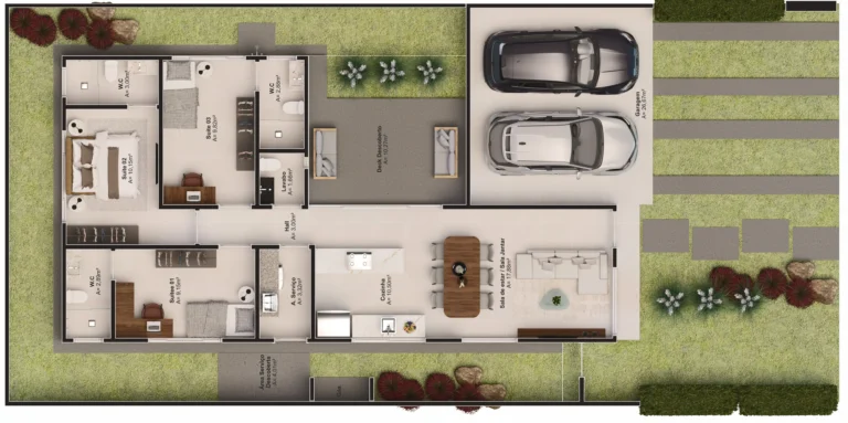 Planta casa térrea Lifa Aura com 3 suítes plenas e fachada moderna