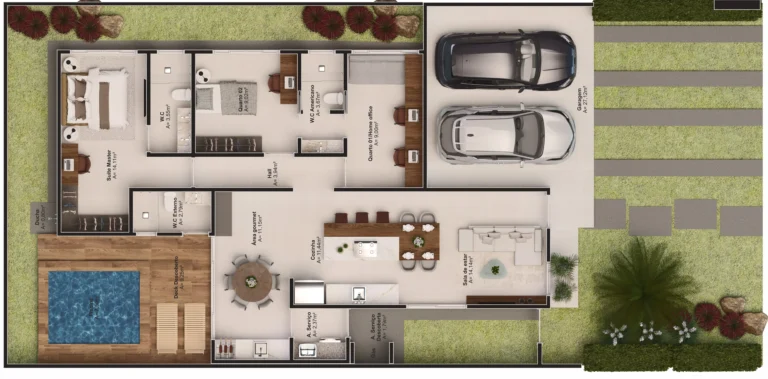 Planta casa térrea Lifa Aura com suíte e duas suítes americanas