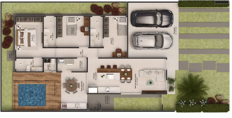 Planta casa térrea Lifa Aura com 3 suítes plenas, fachada e quintal amplo