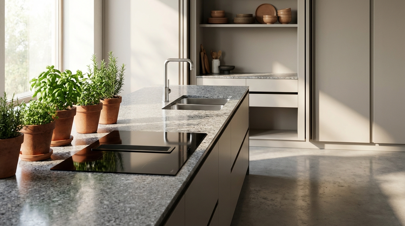 Cozinha e Lavanderia na Varanda: Como Integrar 2 Bancada de granito para área de serviço e espaço gourmet integrados ||| Formato em L com bancada de granito cinza, cooktop cooktop preto liso, cuba de inox dupla, torneira gourmet alta prateada, piso de cimento queimado, luz natural lateral, vasos de ervas aromáticas no balcão