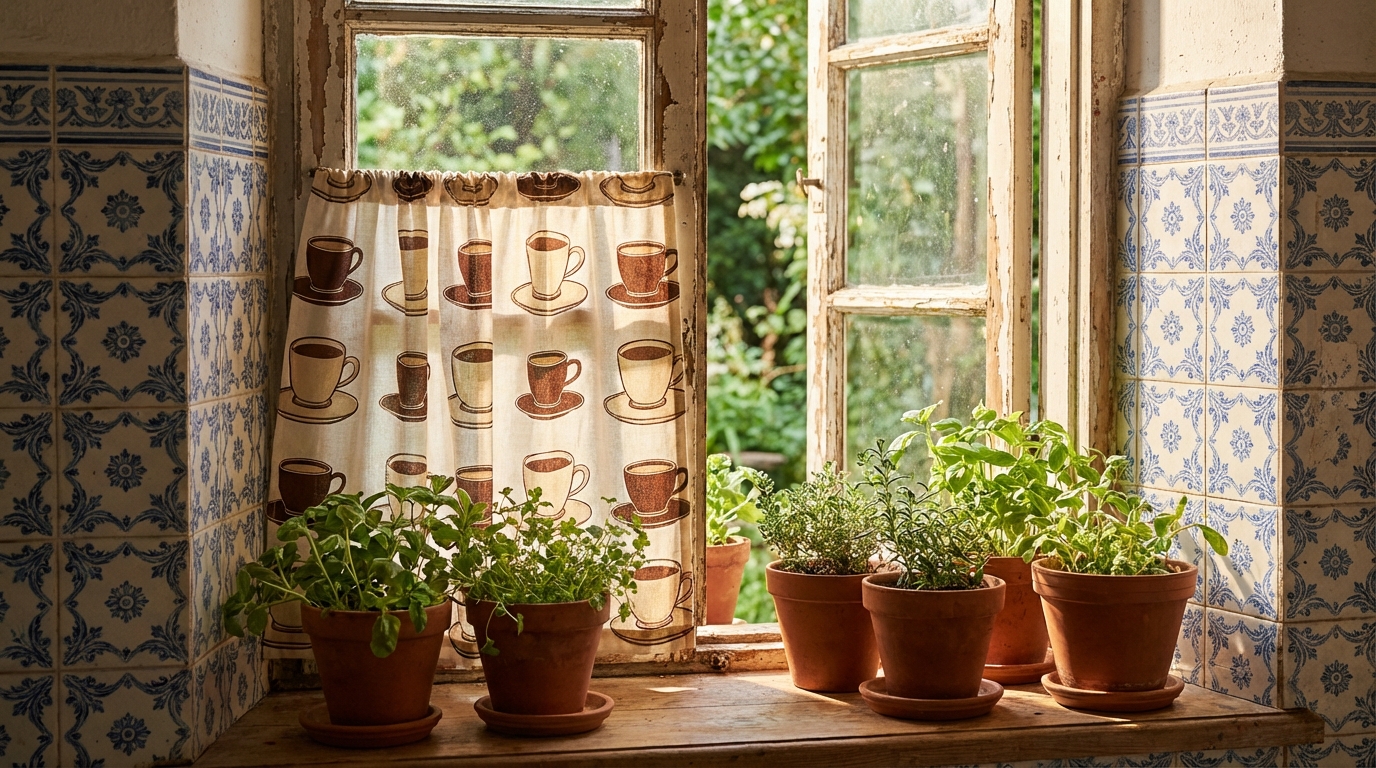 Cortina Estampada para Cozinha: Como Escolher? 4 Cortina para cozinha renda estampada com estilo romântico ||| Ambiente com azulejos vintage azuis, janela de madeira aberta, tecido cobrindo apenas a metade inferior do vidro com desenhos de xícaras de café, vasos de plantas de barro na janela