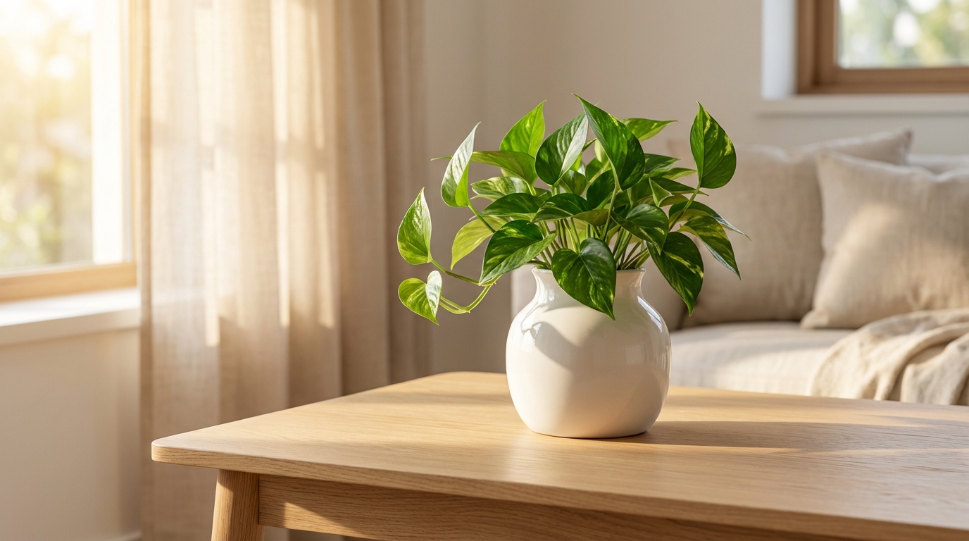 Insetos na Sua Casa Te Deixam Doente? 3 Planta de interior bem cuidada que não atrai insetos na sua casa ||| Vaso de cerâmica branca com planta Jiboia de folhas verdes brilhantes sobre uma mesa de madeira clara, luz do sol filtrada por janela, ambiente aconchegante e limpo