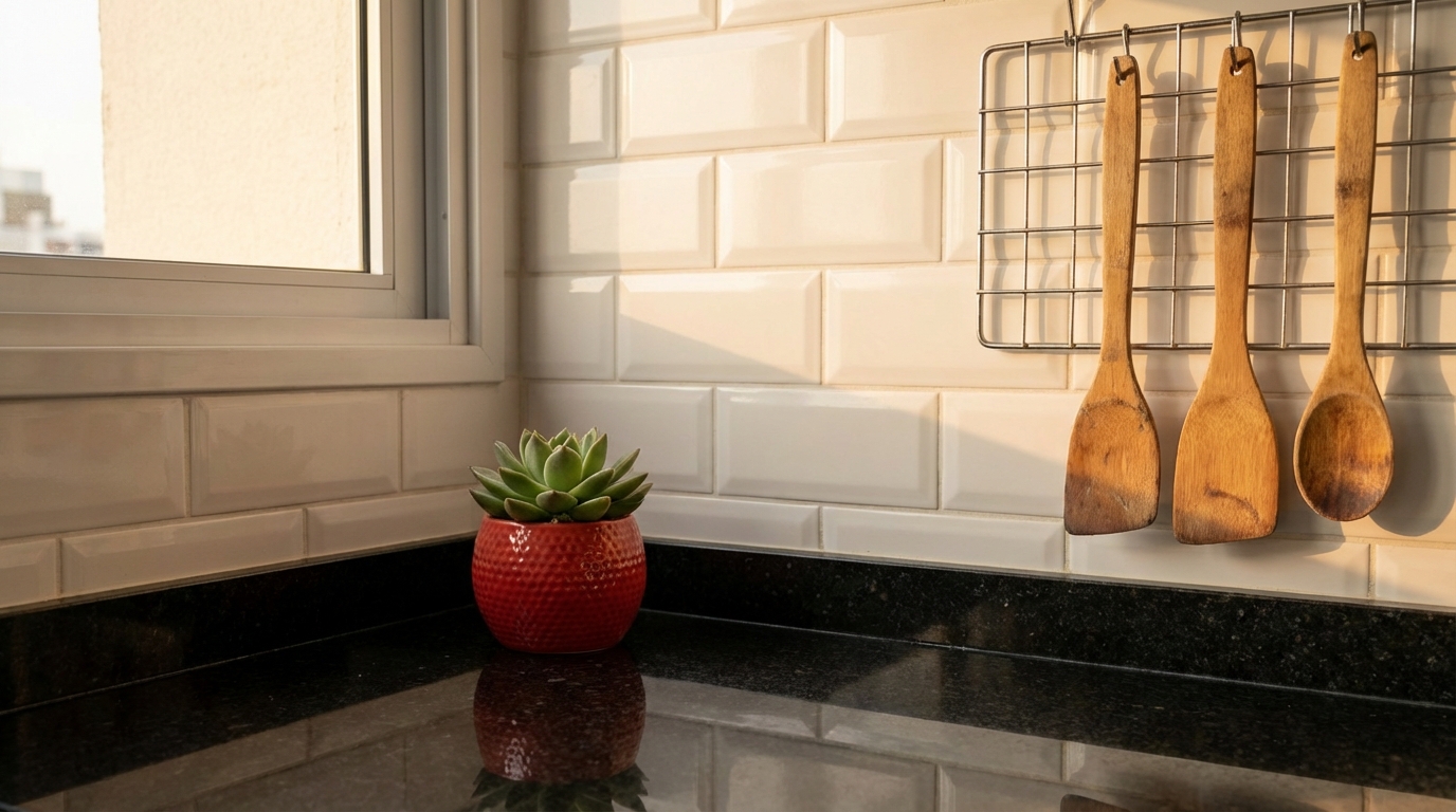 Cozinha e Lavanderia na Varanda: Como Integrar 4 Revestimentos práticos para varanda gourmet e área de serviço ||| Parede com azulejos retangulares brancos, bancada de granito preto absoluto, pequena planta suculenta em vaso de cerâmica vermelha, espátulas de madeira penduradas num suporte metálico, luz suave de fim de tarde