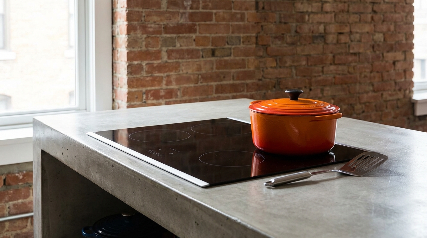 Cozinha e Lavanderia na Varanda: Como Integrar 5 Soluções modernas para fogão e coifa em áreas externas ||| Bancada de cimento queimado com cooktop de indução preto brilhante, panela de ferro laranja sobre o vidro, parede de tijolo rústico ao fundo, luz natural brilhante, detalhe de espátula de inox