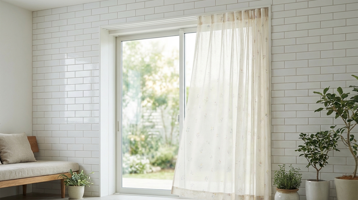Cortina Estampada para Cozinha: Como Escolher? 2 Cortina estampada para janela de cozinha com medidas exatas ||| Janela de correr de vidro em parede revestida de azulejos brancos tipo metrô, tecido leve com pequenos desenhos florais pendurado em trilho embutido, iluminação natural suave, estilo minimalista