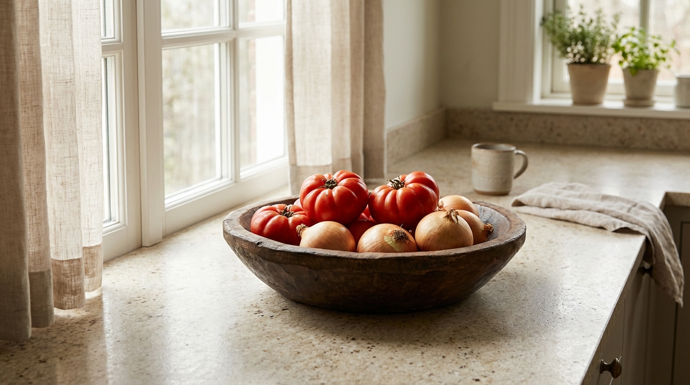 Erros na Cozinha: O Que Não Vai na Geladeira? 1 Erros comuns na cozinha ao guardar tomate e cebola na geladeira ||| Fruteira de madeira rústica com tomates vermelhos e cebolas em uma bancada de granito claro, cozinha iluminada por luz natural de janela ampla, estilo lifestyle fotográfico