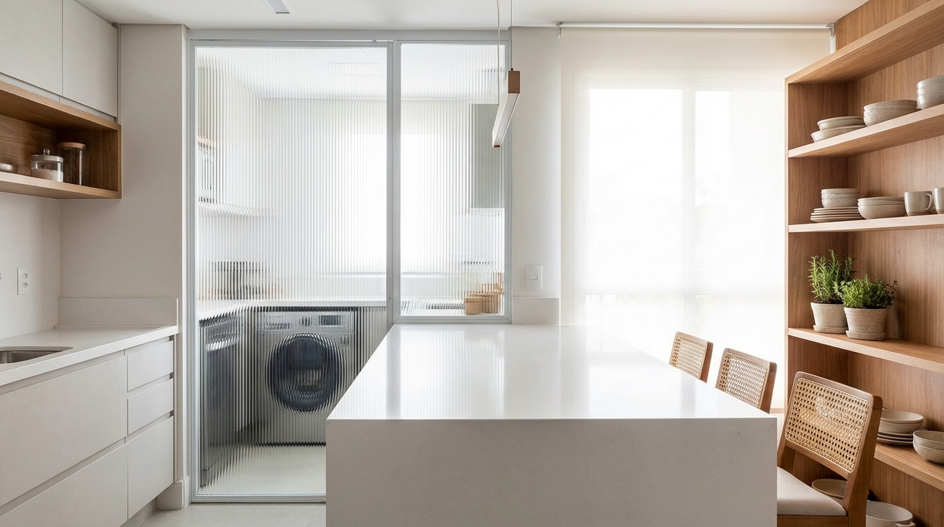 Como Dividir Lavanderia e Cozinha Pequena? 1 Como dividir lavanderia e cozinha pequena com porta de vidro ||| Cozinha moderna iluminada com bancada branca de quartzo e ao fundo uma porta de vidro canelado separando um pequeno espaço com máquina de lavar prata, luz natural vindo da janela ao fundo