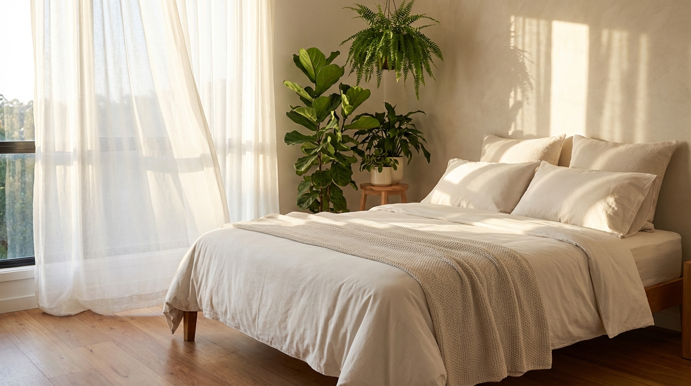 Qual o Melhor Colchão Que Não Esquenta? 1 Qual o Melhor Colchão Que Não Esquenta para noites suadas ||| Quarto moderno e iluminado com cama de casal arrumada, lençóis brancos de algodão leve, travesseiros macios, luz do sol suave entrando pela janela grande com cortina esvoaçante, plantas no canto