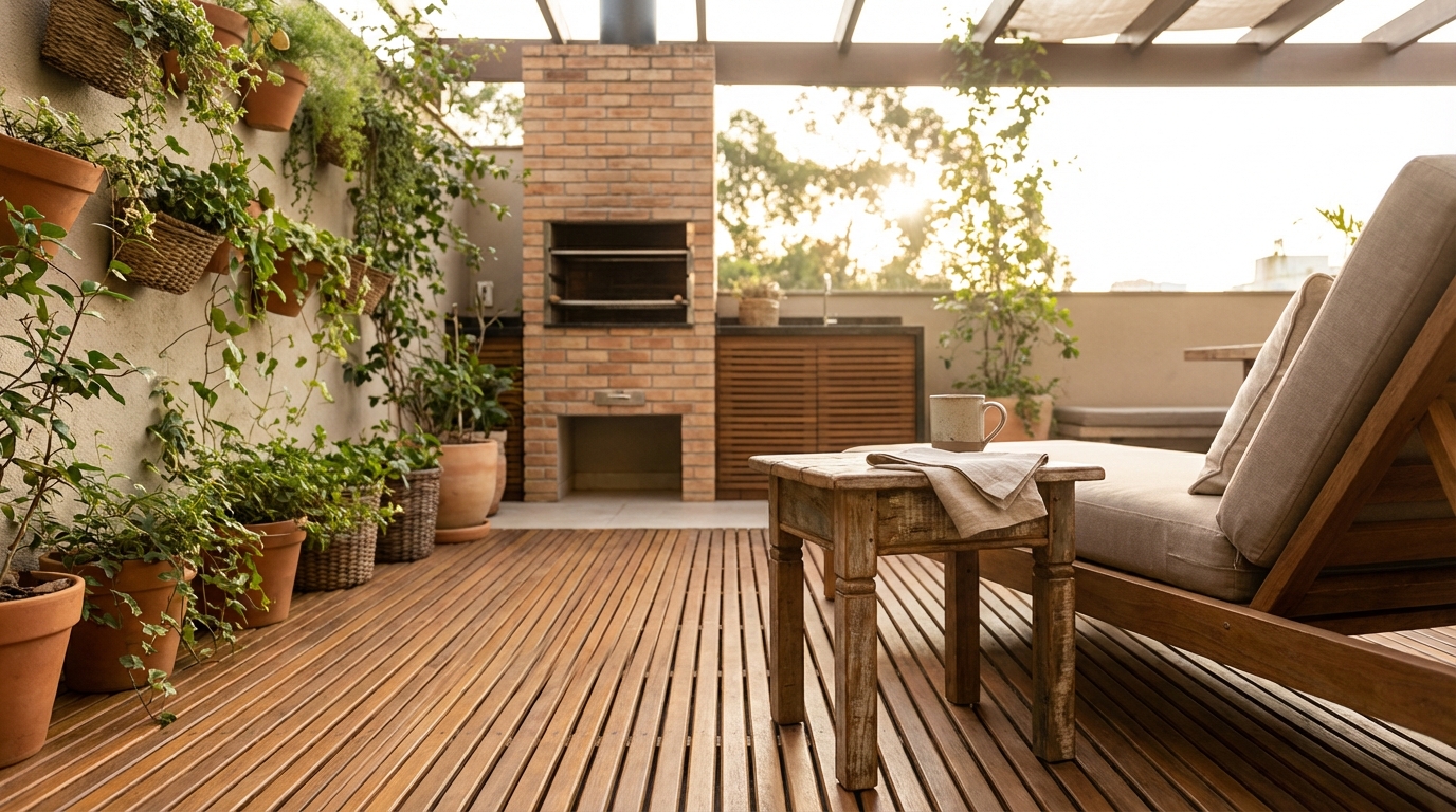 Como Esconder Caixa de Gordura no Quintal? 2 Decoração com deck para camuflar tampa e esgoto no quintal ||| Área gourmet externa com piso de deck de madeira cumaru ripadinha, pequena mesa lateral rústica, churrasqueira ao fundo com acabamento em tijolinho aparente, luz natural suave, plantas pendentes na parede
