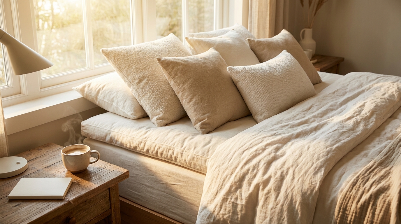 Qual o Melhor Colchão Que Não Esquenta? 3 Pillow top refrescante sobre colchão confortável ||| Cama arrumada com colchonete extra fofo sobre a superfície, texturas de tecido em algodão crú, travesseiros macios, iluminação natural matinal, xícara de café na mesa de cabeceira de madeira