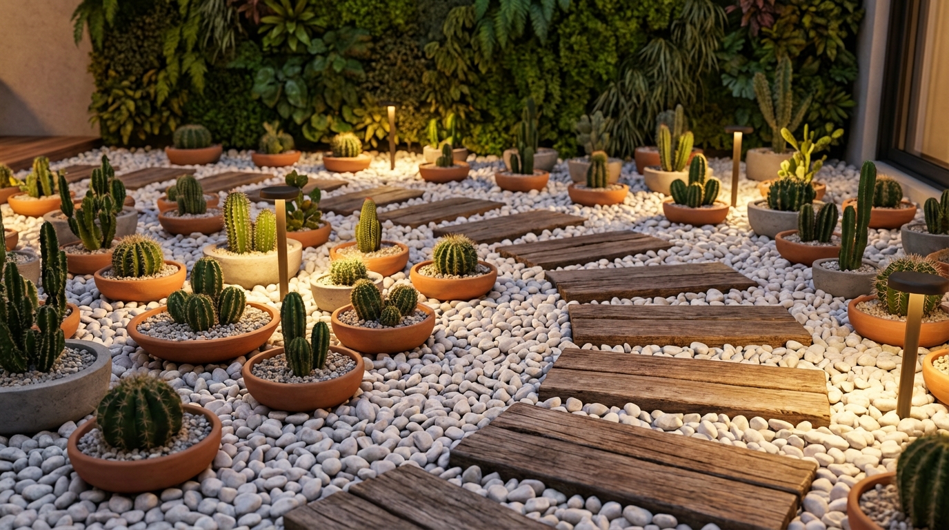 Como Esconder Caixa de Gordura no Quintal? 3 Jardim de pedriscos brancos para esconder caixa de gordura no quintal ||| Jardim externo com pedras seixos brancos cobrindo o chão de forma uniforme, pequenos cactos verdes em vasos baixos redondos, pisadas de madeira rústica, iluminação rasteira quente, muro verde texturizado ao fundo