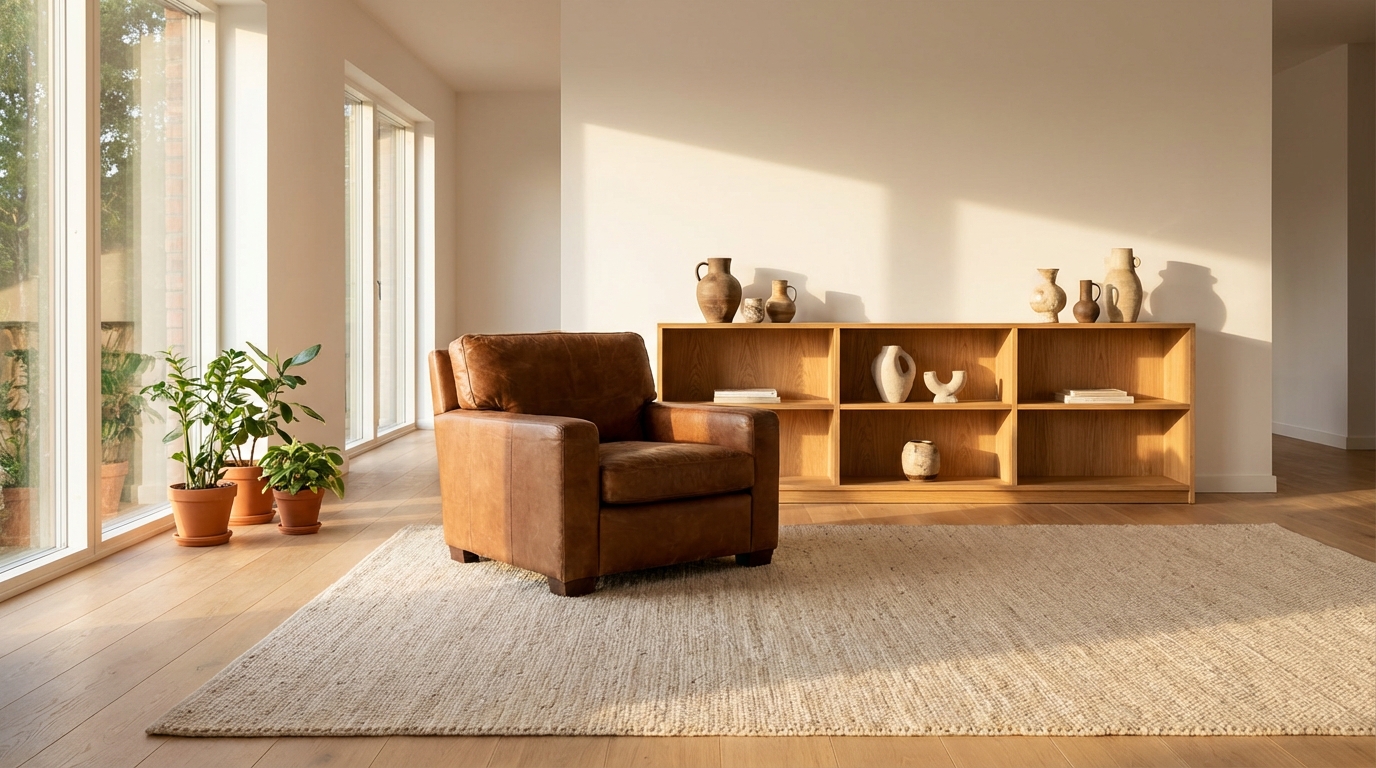 Por Que a Poltrona Mole é Tão Desejada? 3 Poltrona mole medidas ideais para decoração de sala de estar ||| Sala de estar ampla e minimalista, poltrona de couro marrom centralizada sobre tapete de algodão cru, estante baixa de madeira ao fundo com vasos de cerâmica, luz natural de fim de tarde