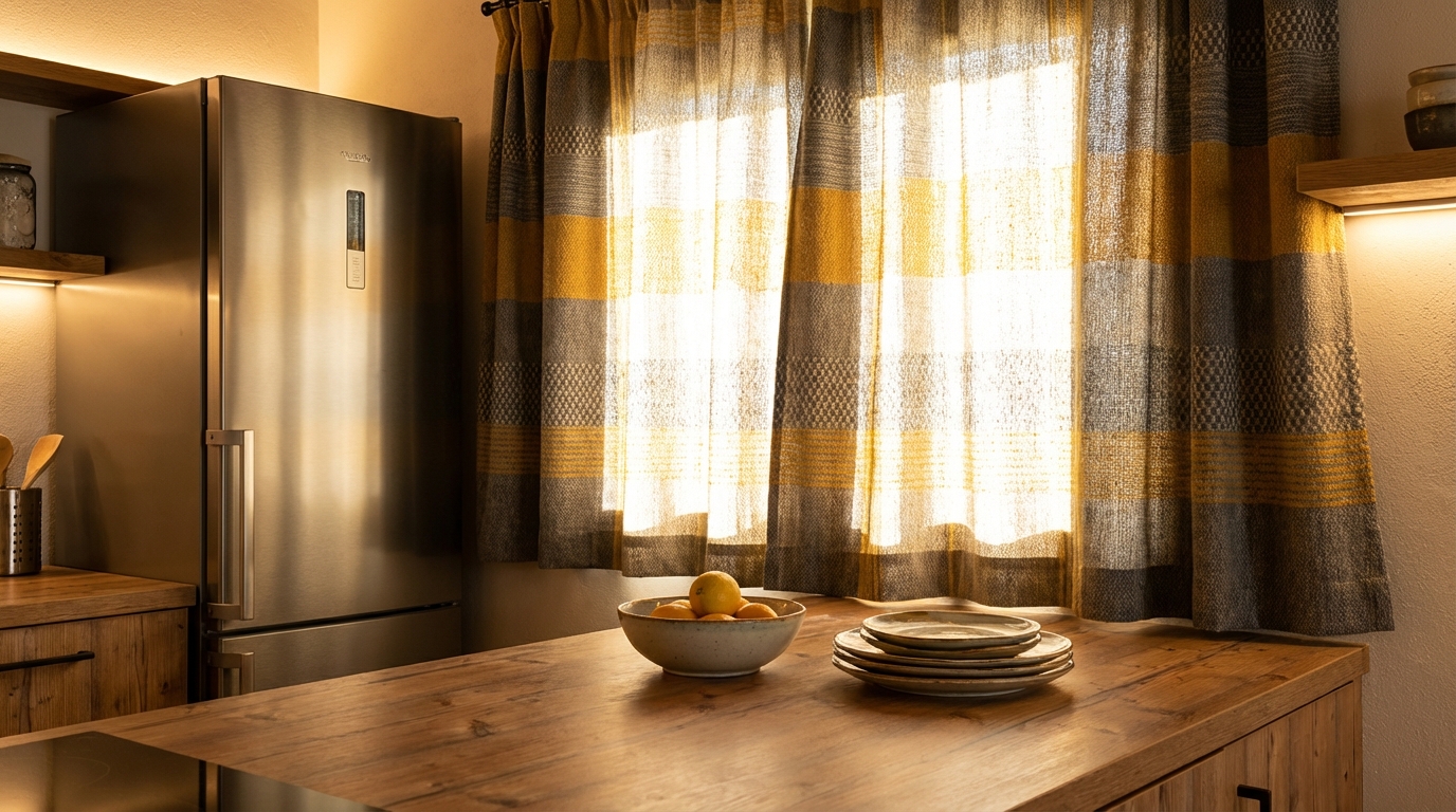 Cortina Estampada para Cozinha: Como Escolher? 3 Cortina blackout estampada para cozinha protegendo eletrodomésticos ||| Bancada com geladeira de inox moderna, janela grande com tecido grosso bloqueando a luz solar intensa, padrões geométricos em tons de cinza e mostarda na trama, luz indireta acolhedora