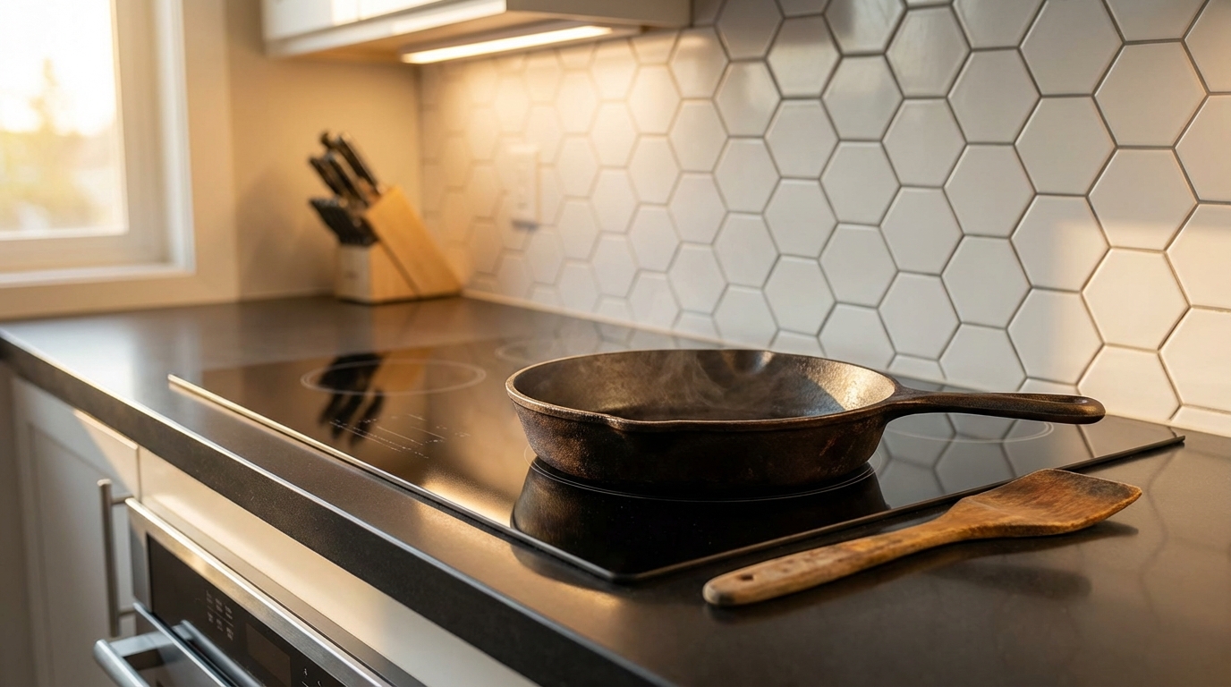 Insetos na Sua Casa Te Deixam Doente? 4 Panela de ferro segura para cozinhar sem riscos ||| Fogão cooktop preto brilhante com uma frigideira de ferro fundido rústica em cima, espátula de madeira ao lado, fundo com azulejos brancos hexagonais, luz quente de cozinha moderna
