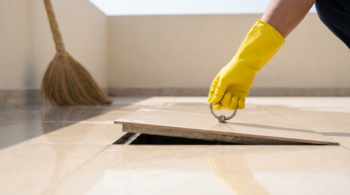 Como Esconder Caixa de Gordura no Quintal? 4 Caixa de gordura com cesto removível e tampa oculta instalada no piso ||| Mão usando luva de borracha amarela segurando uma alça de metal de dentro de um compartimento no chão de porcelanato bege claro, luz natural de dia, área externa limpa, chão brilhante, vassoura de palha ao fundo