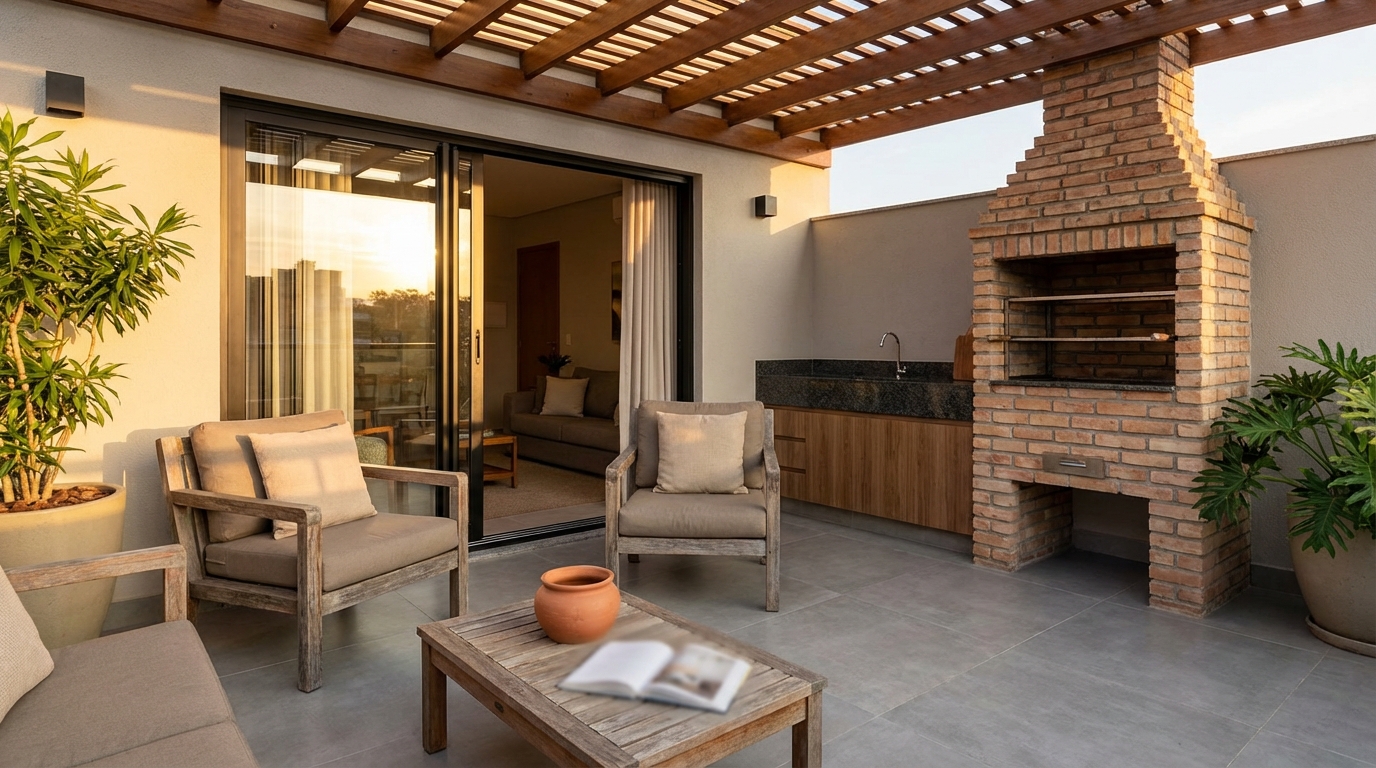 Como Dividir Lavanderia e Cozinha Pequena? 4 Ideias de lavanderia e cozinha externa e gourmet decorada ||| Área externa com piso de porcelanato cinza, churrasqueira de tijolos, pia de granito escuro, porta de correr de alumínio preta semiaberta, cadeiras de madeira, luz natural de fim de tarde