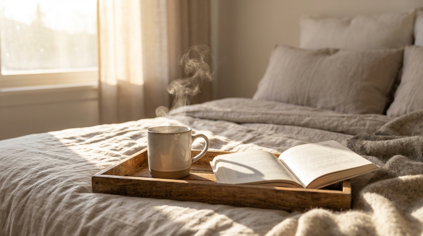 Qual o Melhor Colchão Para Insônia em 2026? 5 Dicas práticas para investir no colchão e dormir melhor a noite toda ||| Xícara de chá fumegante sobre uma bandeja de madeira em cima de uma cama bem arrumada, livro aberto ao lado, luz natural entrando pela janela criando sombras longas, clima de manhã preguiçosa