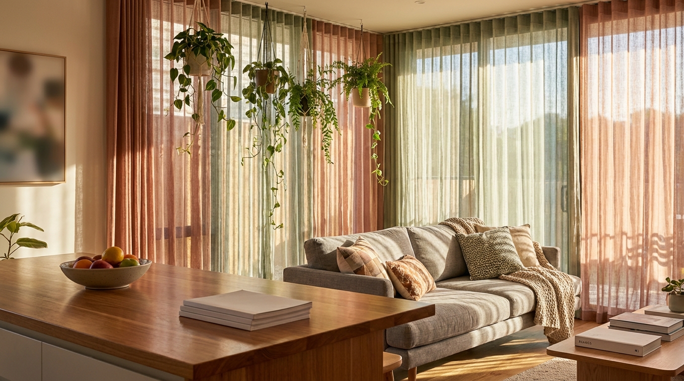Cortina Estampada para Cozinha: Como Escolher? 5 Harmonia visual usando cortinas estampadas para sala e espaços integrados ||| Espaço integrado moderno, sala com sofá cinza ao fundo, bancada de madeira em primeiro plano, janela ampla com tecido leve em tons de terracota e verde sálvia, luz solar da manhã, plantas pendentes