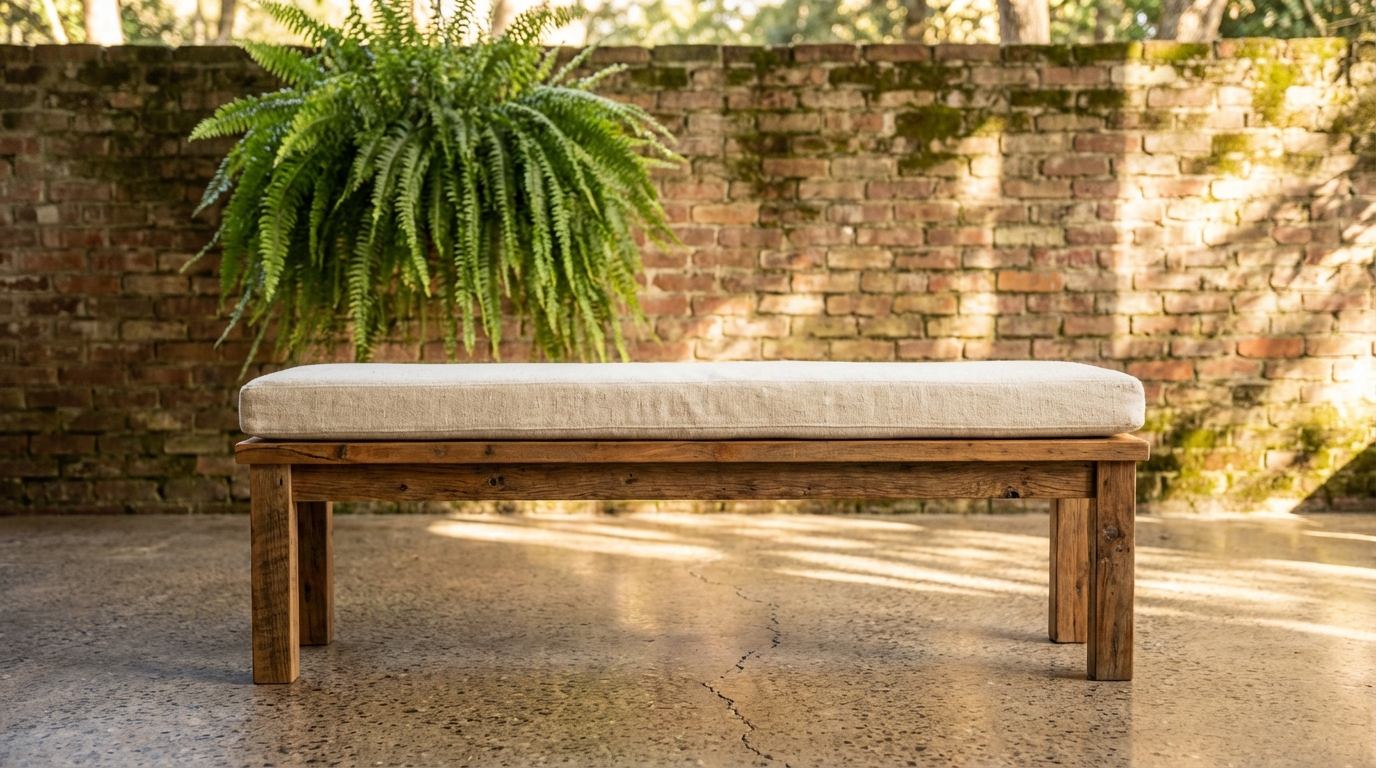 Como Esconder Caixa de Gordura no Quintal? 5 Soluções arquitetônicas e decoração para esconder imperfeições no piso externo ||| Banco de madeira maciça estilo rústico posicionado em cima de um piso de cimento queimado num quintal iluminado, almofada de linho cru em cima do assento do banco, samambaia verde longa pendente na parede de tijolos ao fundo