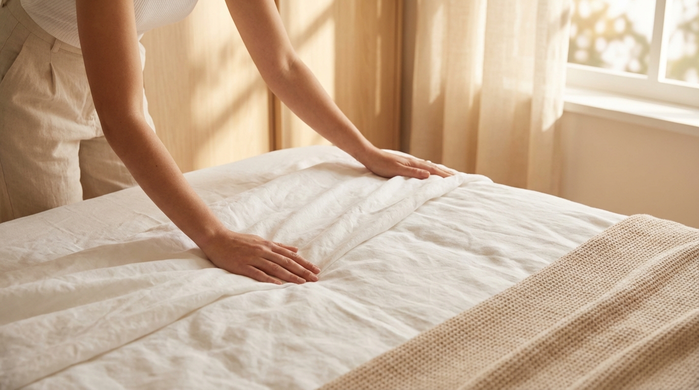 Qual o Melhor Colchão Que Não Esquenta? 4 Protetores de colchão de algodão não esquentam ||| Detalhe de mãos arrumando lençol branco e macio sobre a cama, luz de fim de tarde criando sombras suaves, tons neutros de bege e branco, ambiente aconchegante e limpo
