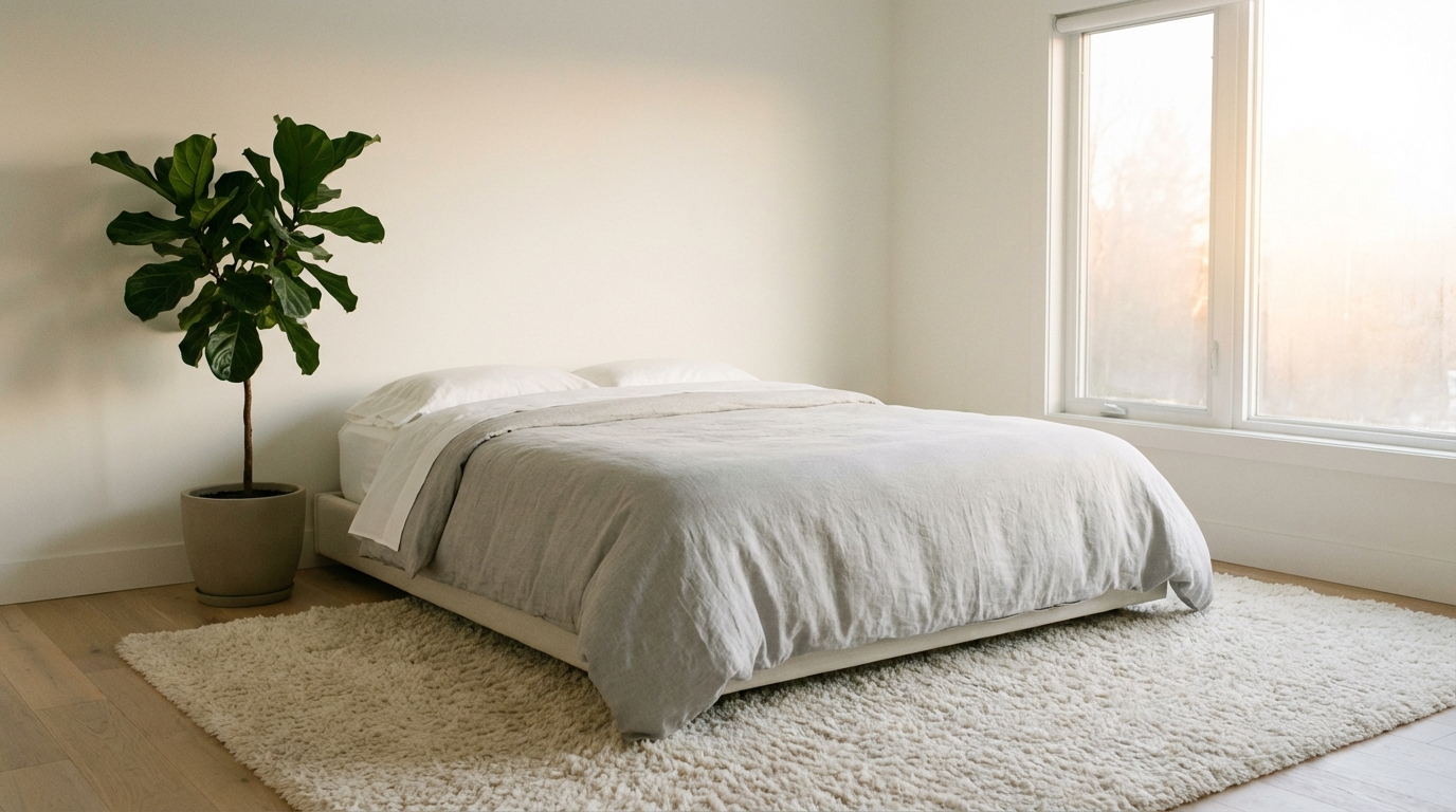 Qual o Melhor Colchão Que Não Esquenta? 5 Cama fresca com colchão ideal para noites quentes ||| Quarto com decoração minimalista, cama arrumada perfeitamente com edredom cinza claro e lençóis brancos, tapete felpudo no chão, janela com luz difusa de amanhecer, planta verde no canto esquerdo