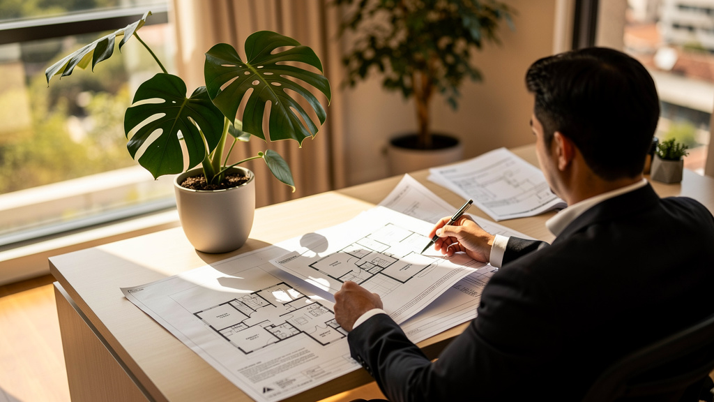 Como fazer avaliação de imóveis para se destacar no mercado 1 Corretor analisando documentos para realizar a estimativa de valor imobiliário em escritório iluminado.