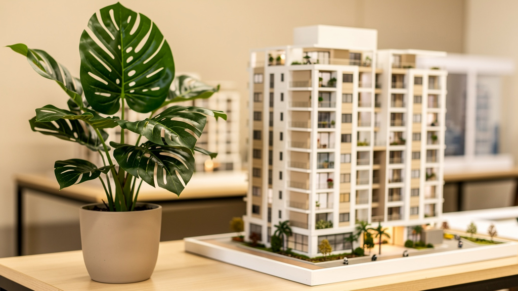 Comprar imóvel na planta vale a pena para investidores? 1 Maquete detalhada de edifício residencial moderno em Goiânia exposta em stand de vendas iluminado