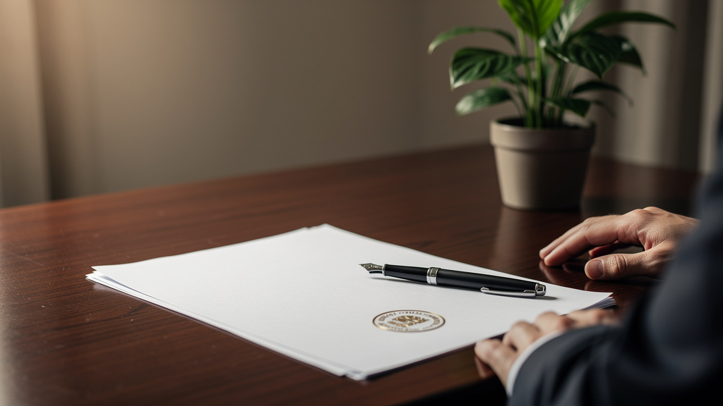 Comprar imóvel na planta vale a pena para investidores? 2 Documento de contrato imobiliário com carimbo de cartório sobre mesa de madeira com caneta