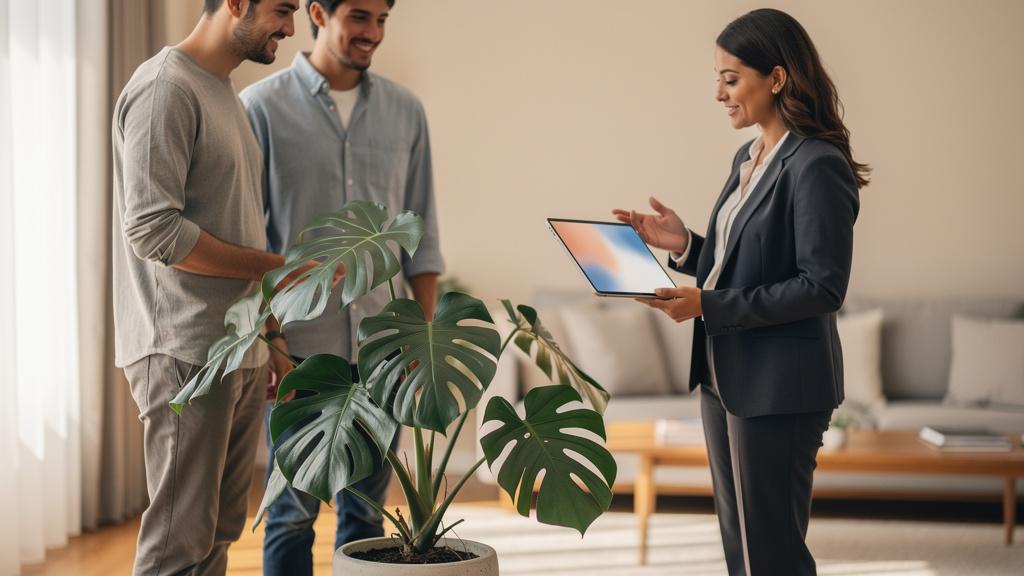 Como escolher um CRM imobiliário completo para sua rotina 2 Corretora de imóveis apresentando opções de moradia em um tablet para um casal de clientes.