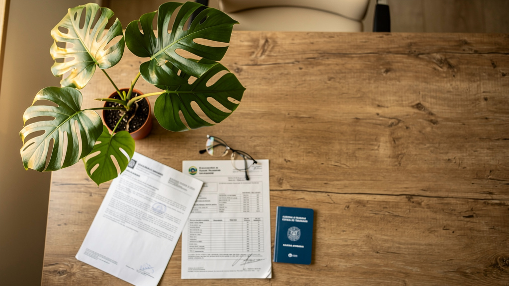 Como fazer o financiamento imobiliário com FGTS 1 Documentos e extratos do FGTS sobre uma mesa de madeira em um escritório em Goiânia.