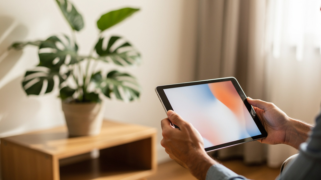 Imposto de renda sobre aluguel: como calcular o retorno 2 Investidor analisando planilhas de rendimentos imobiliários em um tablet moderno em uma sala iluminada.