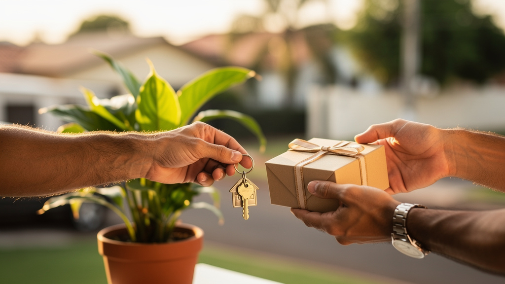 Como estruturar o pós-venda imobiliário na sua rotina 3 Corretor entregando chaves e brinde de pós-venda para casal em frente a um imóvel