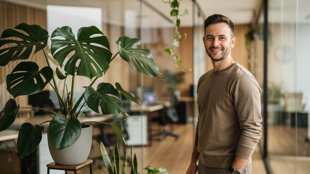 Como fazer prospecção de clientes para corretores de imóveis 2 Profissional de braços cruzados sorrindo em um ambiente de escritório moderno e iluminado.