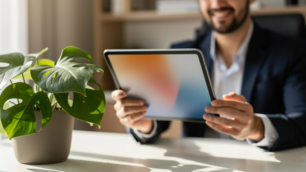 Regras de redes sociais para corretores de imóveis no CRECI 1 Corretor de imóveis analisando métricas de divulgação digital em um tablet no escritório em Goiânia.