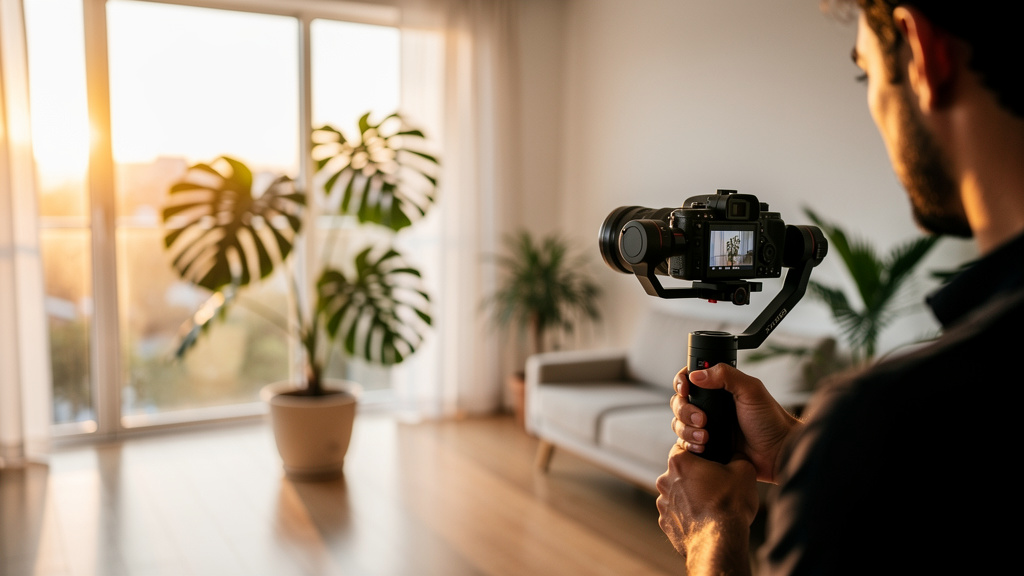 Regras de redes sociais para corretores de imóveis no CRECI 3 Profissional gravando vídeo de apresentação de apartamento moderno para divulgação em mídias digitais em Goiânia.