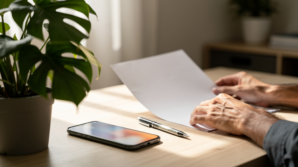 SAC ou Price no financiamento: qual escolher? 1 Comprador analisando planilha de simulação de financiamento imobiliário sobre uma mesa de madeira clara.