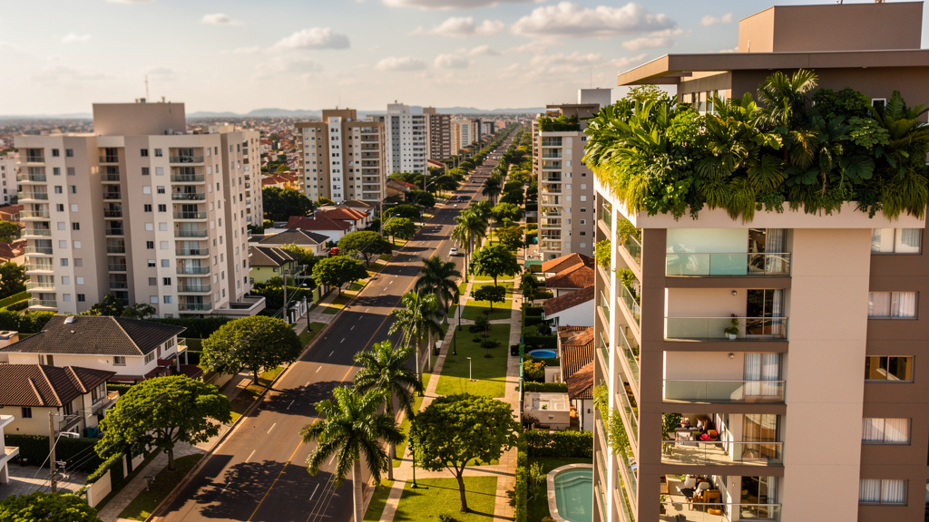 Como sair do aluguel em Goiânia e comprar seu primeiro imóvel 3 Vista aérea de uma avenida arborizada em Goiânia mostrando o desenvolvimento urbano e novos residenciais.