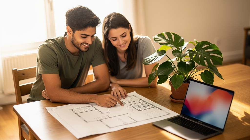 Como usar o simulador de financiamento de imóvel sem errar 2 Casal jovem analisando a planta de um apartamento em Goiânia com um computador aberto