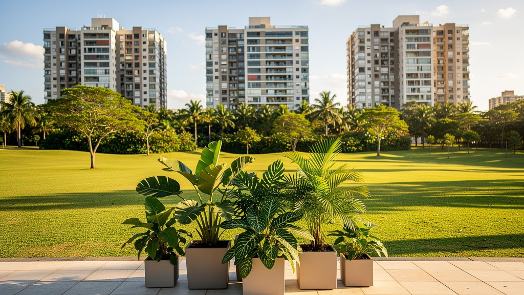 Como avaliar a valorização de imóveis em Goiânia 2 Prédios residenciais modernos de alto padrão erguidos próximos a um parque urbano arborizado