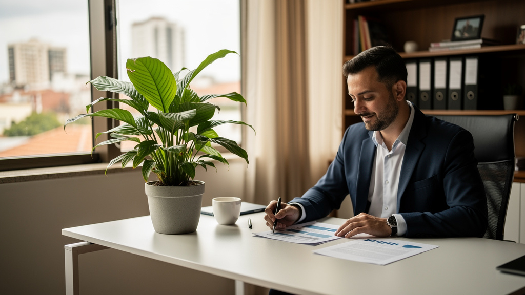 Como avaliar a administração de imóveis para locação 1 Investidor analisa relatórios financeiros de sua carteira de aluguel em escritório moderno em Goiânia