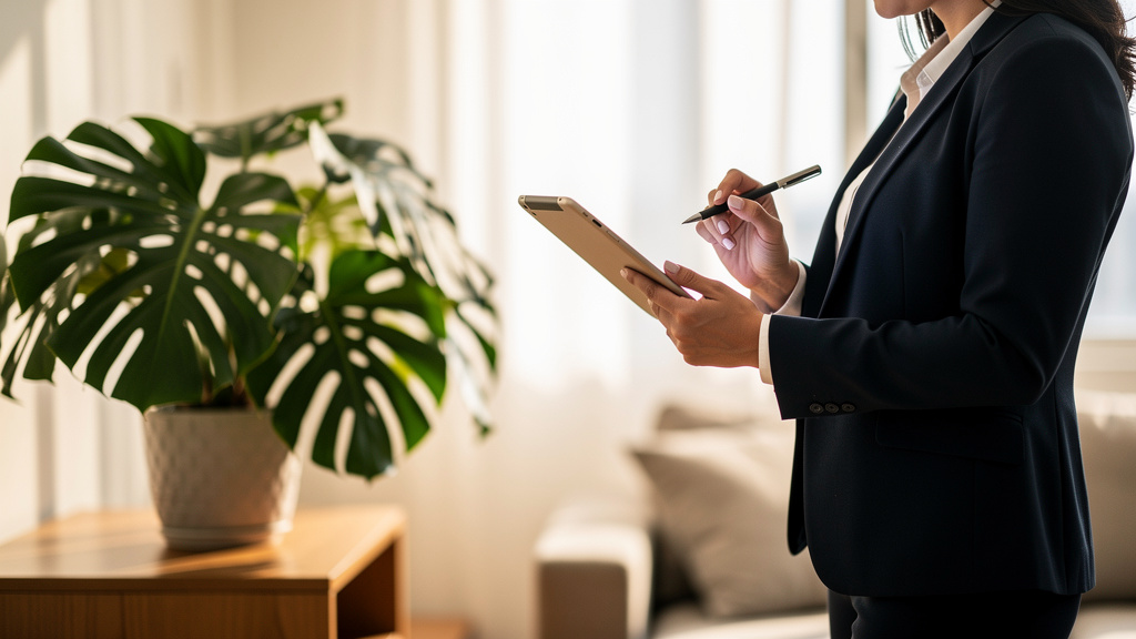 Como avaliar a administração de imóveis para locação 2 Corretor de imóveis credenciado preenche contrato de locação digital em tablet durante vistoria técnica