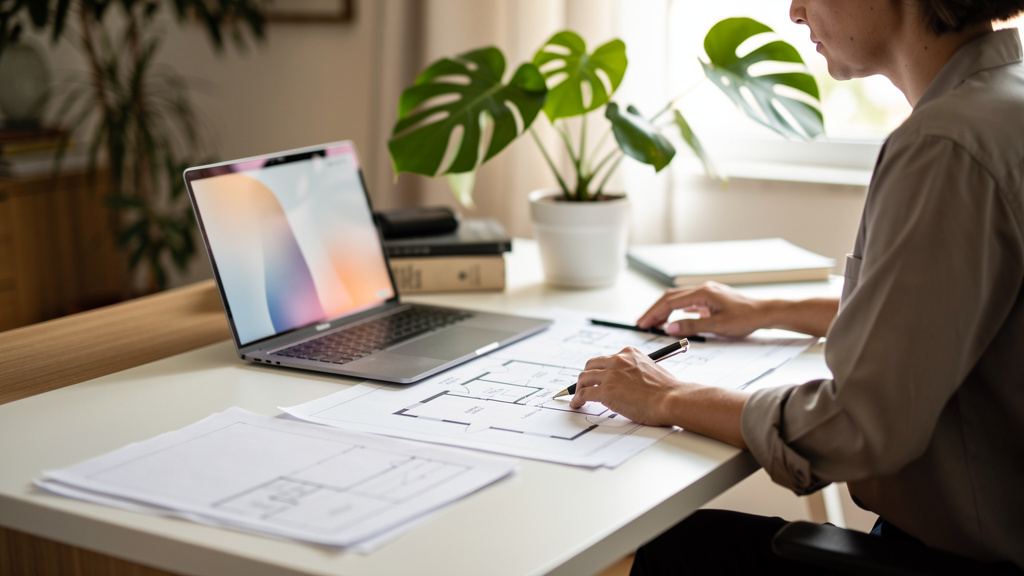 Como fazer uma análise de mercado imobiliário 1 Uma corretora analisando plantas baixas e relatórios estatísticos sobre uma mesa de escritório.
