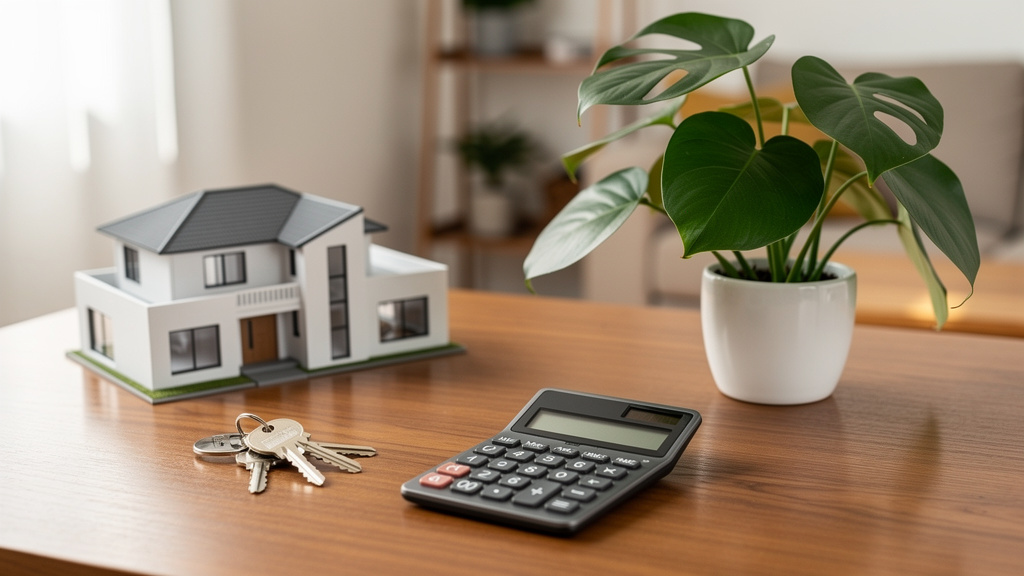 Como comprar o primeiro imóvel com segurança 2 Uma maquete de casa com chaves e calculadora organizadas sobre uma mesa de madeira